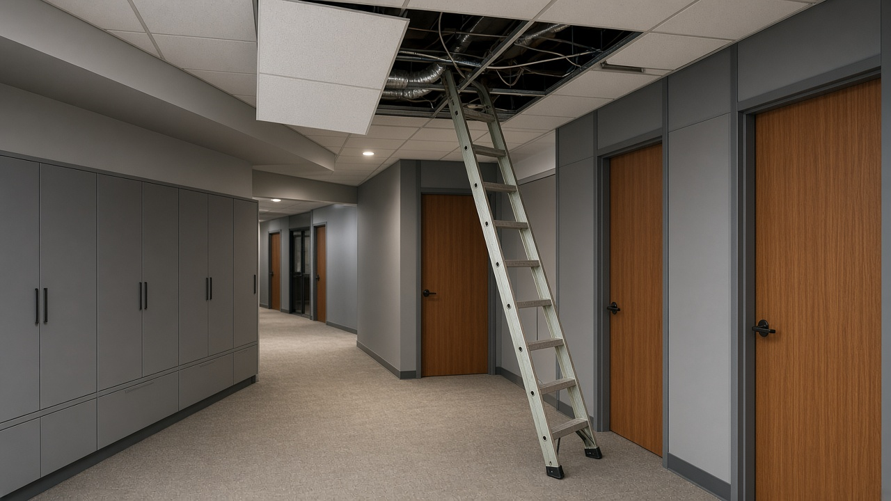 Ceiling opened for conduit in an occupied hallway